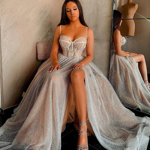 A-line Charming Spaghetti Straps Sequin Side Slit Modest Prom Dresses PD1984