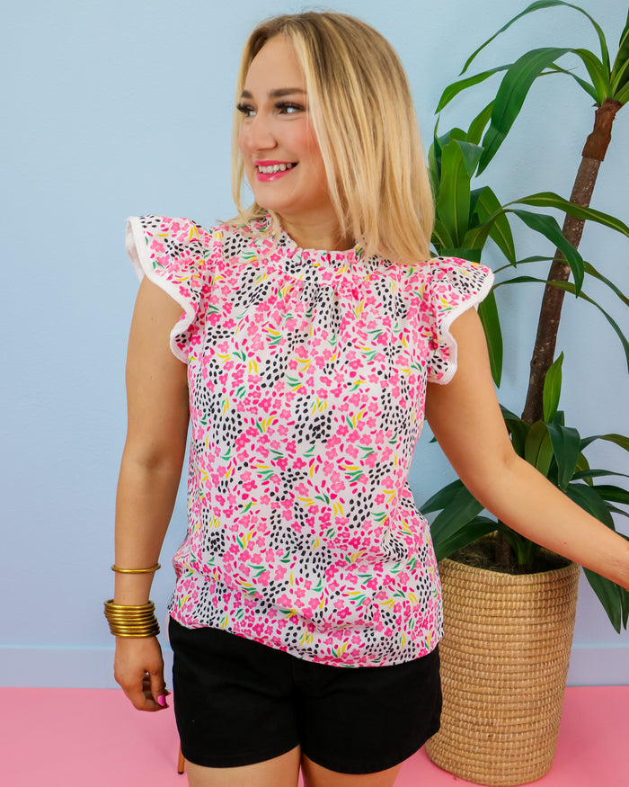Abstract Print High Neck Flutter Sleeves Top