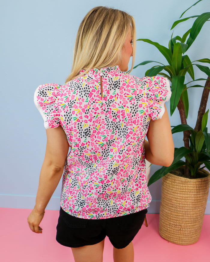 Abstract Print High Neck Flutter Sleeves Top