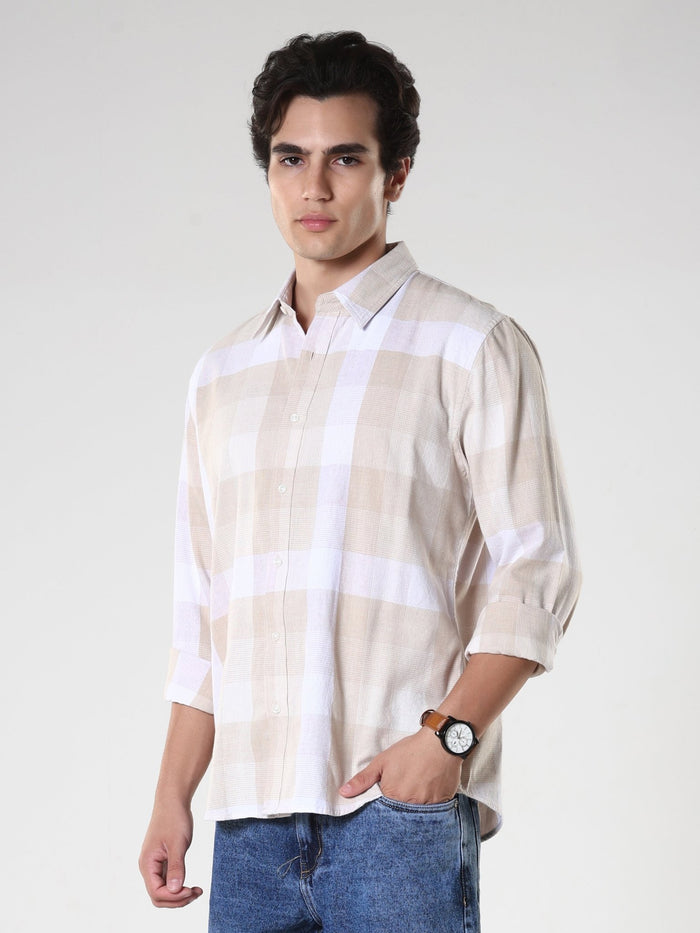 Men's casual beige checkered cotton shirt with full sleeves, relaxed fit – paired with denim jeans