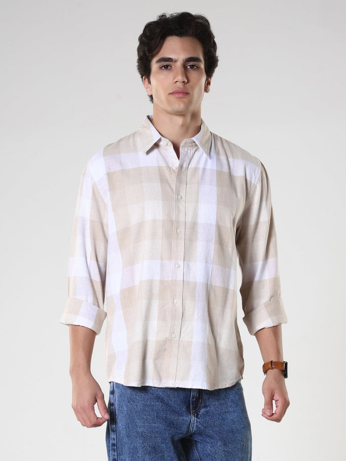 Men's casual beige checkered cotton shirt with full sleeves, relaxed fit – paired with denim jeans