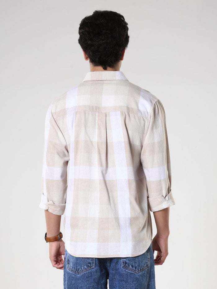 Men's casual beige checkered cotton shirt with full sleeves, relaxed fit – paired with denim jeans