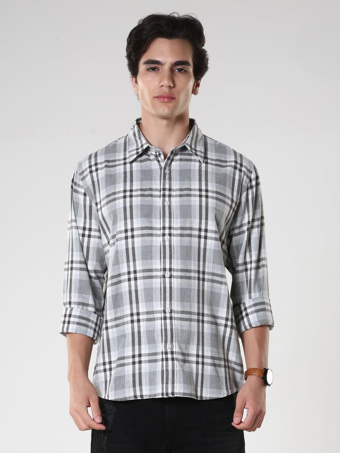 Men's casual cement color checkered cotton shirt with full sleeves, relaxed fit – paired with denim jeans