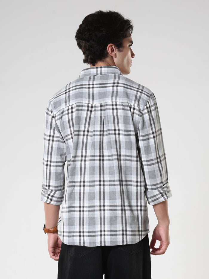 Men's casual cement color checkered cotton shirt with full sleeves, relaxed fit – paired with denim jeans