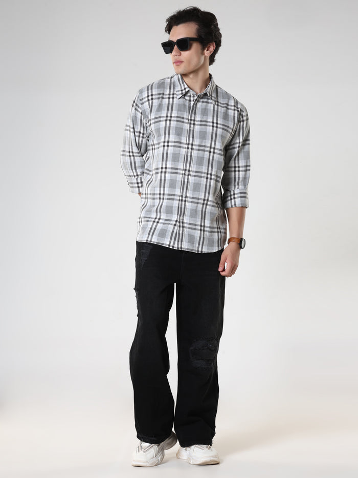 Men's casual cement color checkered cotton shirt with full sleeves, relaxed fit – paired with denim jeans