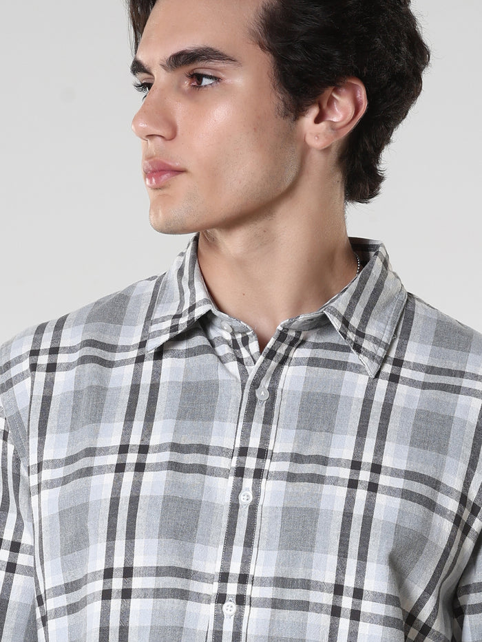 Men's casual cement color checkered cotton shirt with full sleeves, relaxed fit – paired with denim jeans