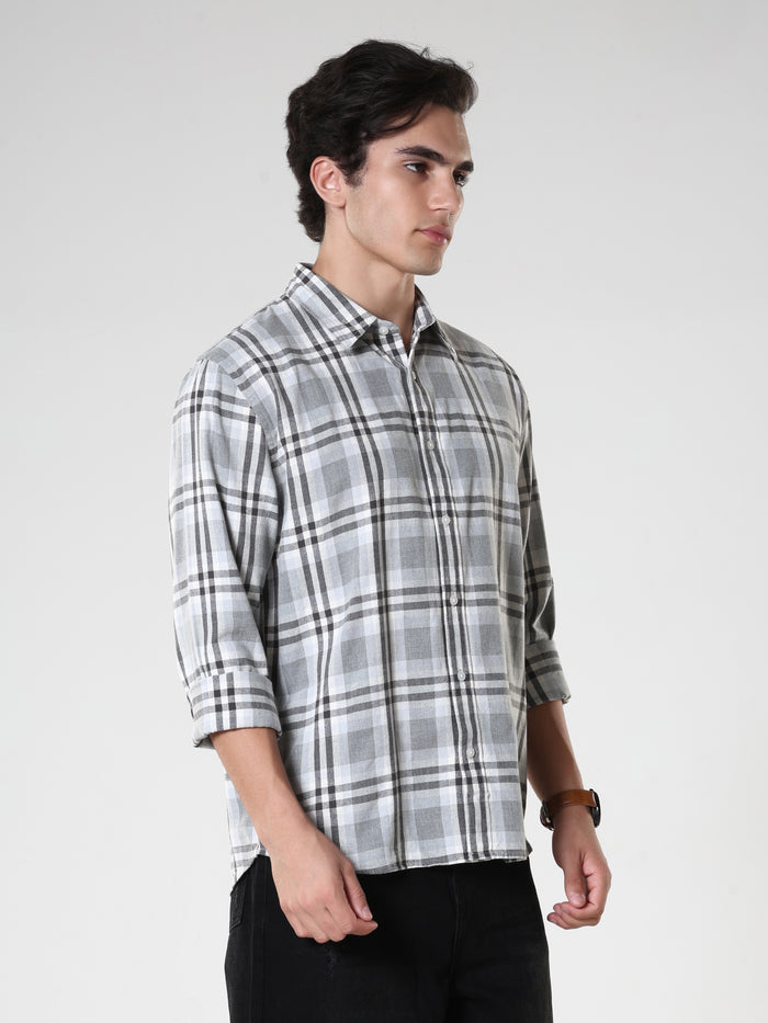 Men's casual cement color checkered cotton shirt with full sleeves, relaxed fit – paired with denim jeans