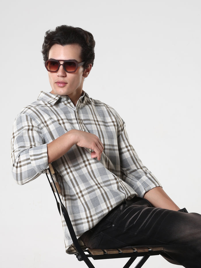 Men's casual olive checkered cotton shirt with full sleeves, relaxed fit – paired with  denim jeans