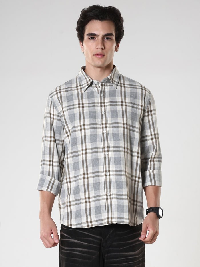 Men's casual olive checkered cotton shirt with full sleeves, relaxed fit – paired with denim jeans