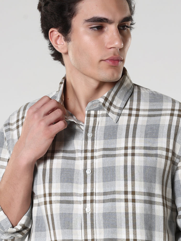 Men's casual olive checkered cotton shirt with full sleeves, relaxed fit – paired with  denim jeans