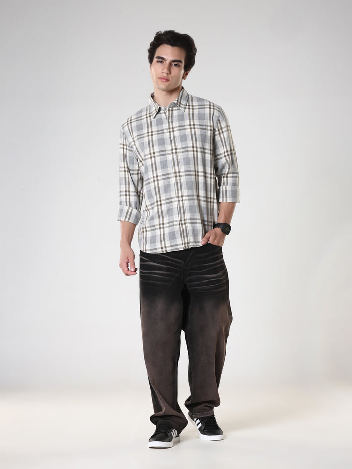 Men's casual olive checkered cotton shirt with full sleeves, relaxed fit – paired with  denim jeans