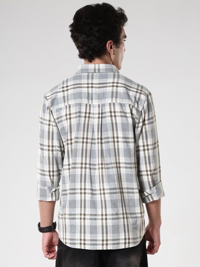 Men's casual olive checkered cotton shirt with full sleeves, relaxed fit – paired with denim jeans