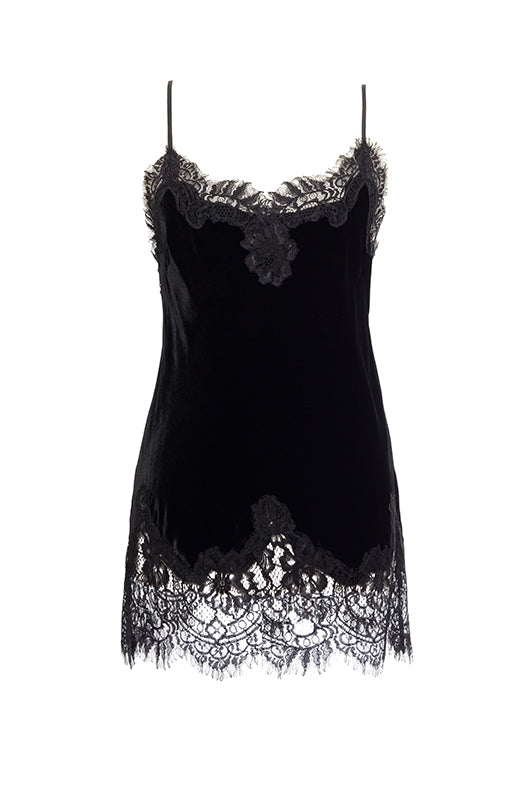The Anastasia Lace Trim Velvet Cami in black.