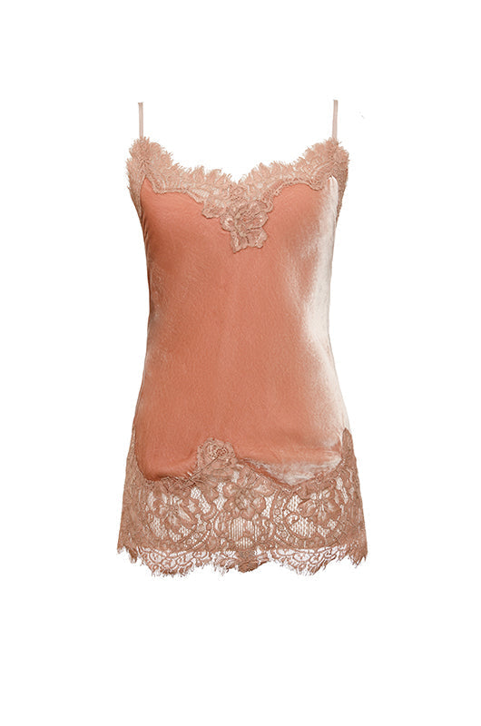 The Anastasia Lace Trim Velvet Cami in dusty rose.