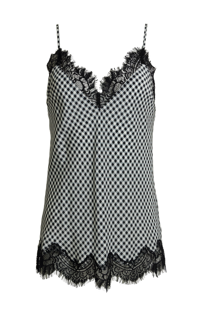 The Anne Marie Silk Cami in black/off white.