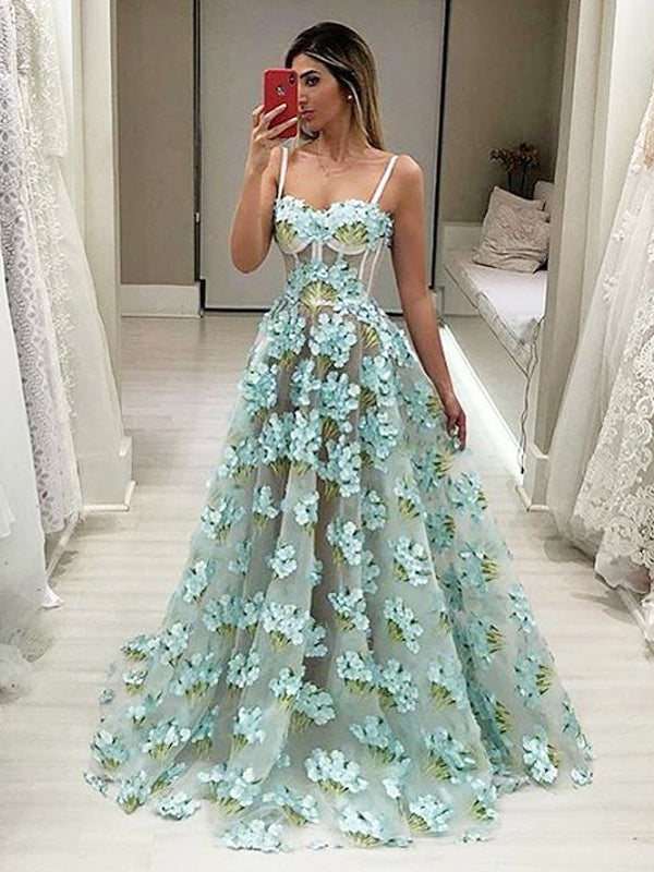 Aqua Blue Floral Appliques A-line Evening Gown, Prom Dresses,PD00212