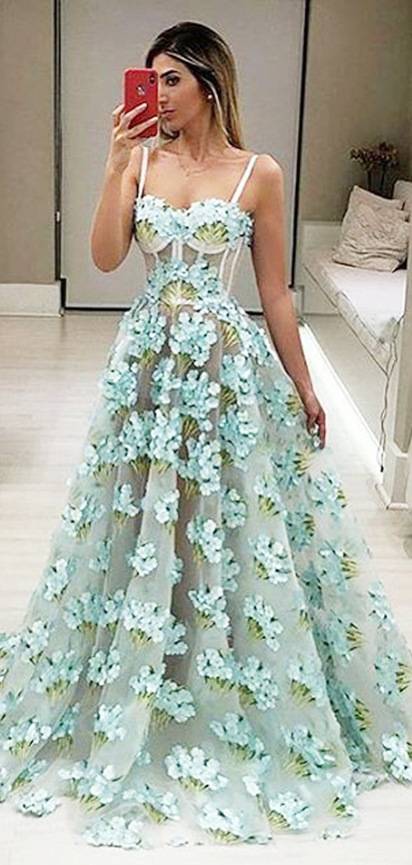 Aqua Blue Floral Appliques A-line Evening Gown, Prom Dresses,PD00212