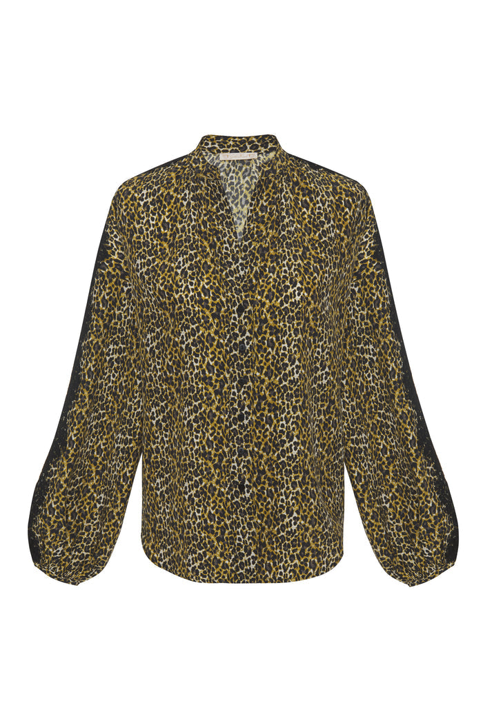 Ava Leopard Henley Top Olive Oil