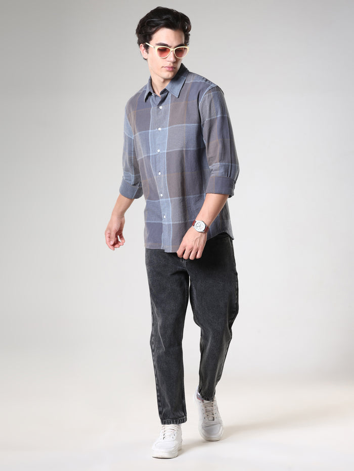 men's cement grey checkered  shirt made from pure cotton.