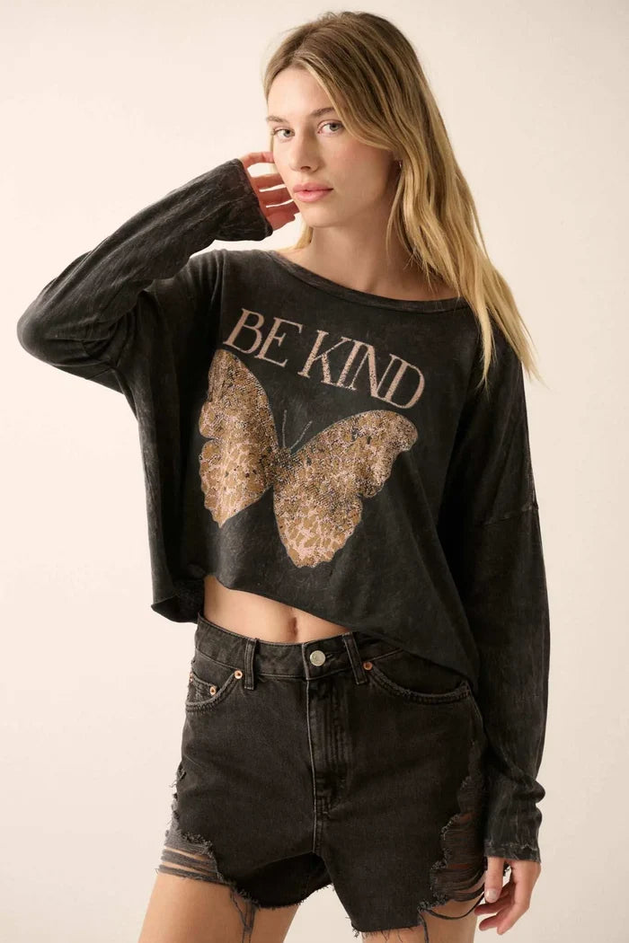 Be Kind Butterfly Cropped Long-Sleeve Graphic Tee - ShopPromesa