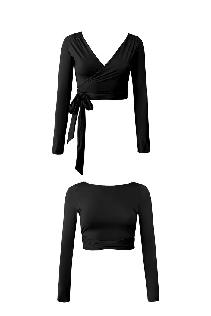 Product image showing each side of the diverse long sleeve wrap top by Baiia.