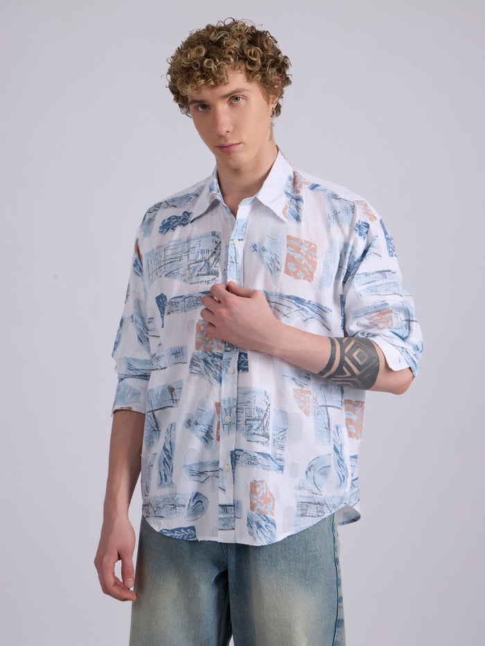 Men's Drop Shoulder Printed Shirt -  Blue