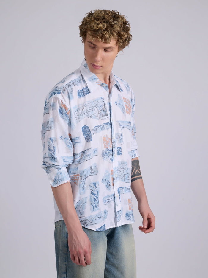 Men's Drop Shoulder Printed Shirt -  Blue