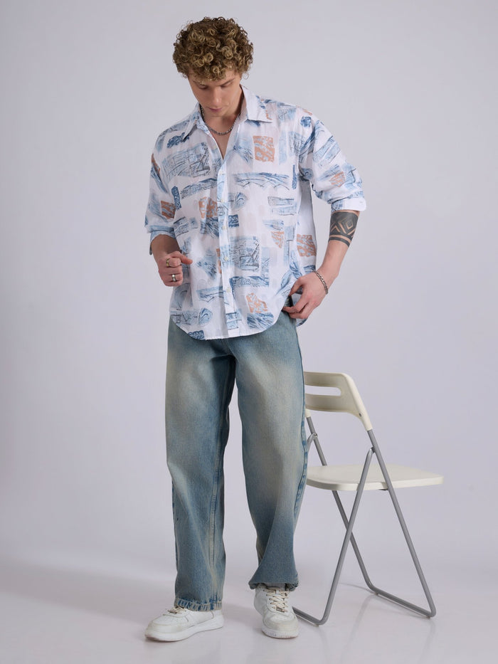 Men's Drop Shoulder Printed Shirt -  Blue