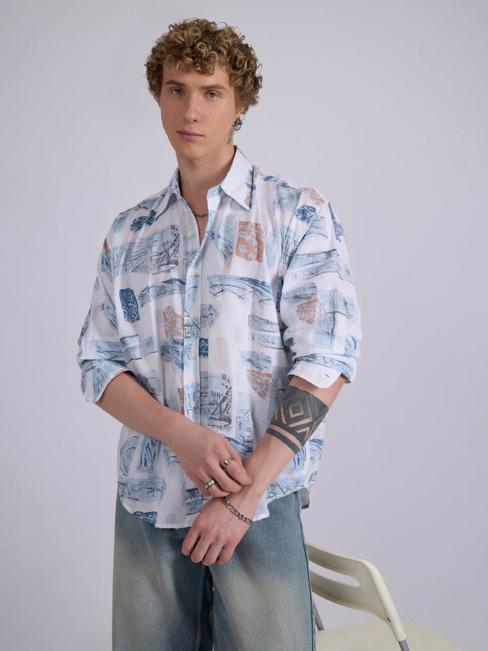 Men's Drop Shoulder Printed Shirt -  Blue