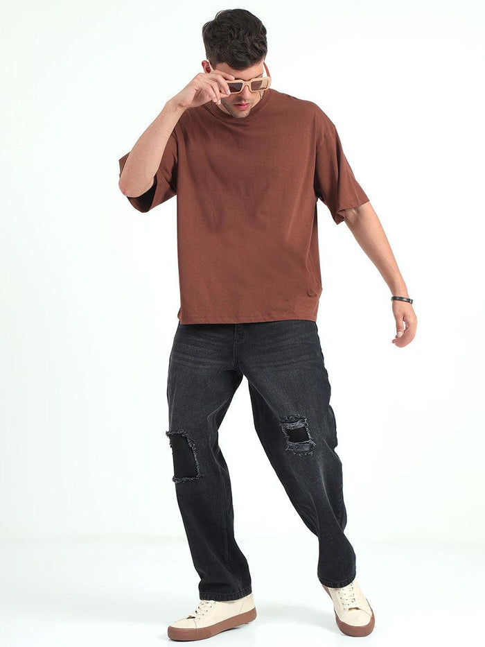 Brown Baggy Fit Round Neck T-Shirt - Espanshe