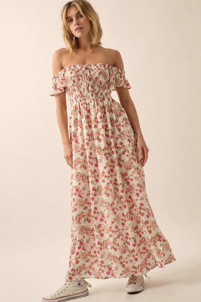 Budding Joy Smocked Floral Off-Shoulder Maxi Dress - ShopPromesa