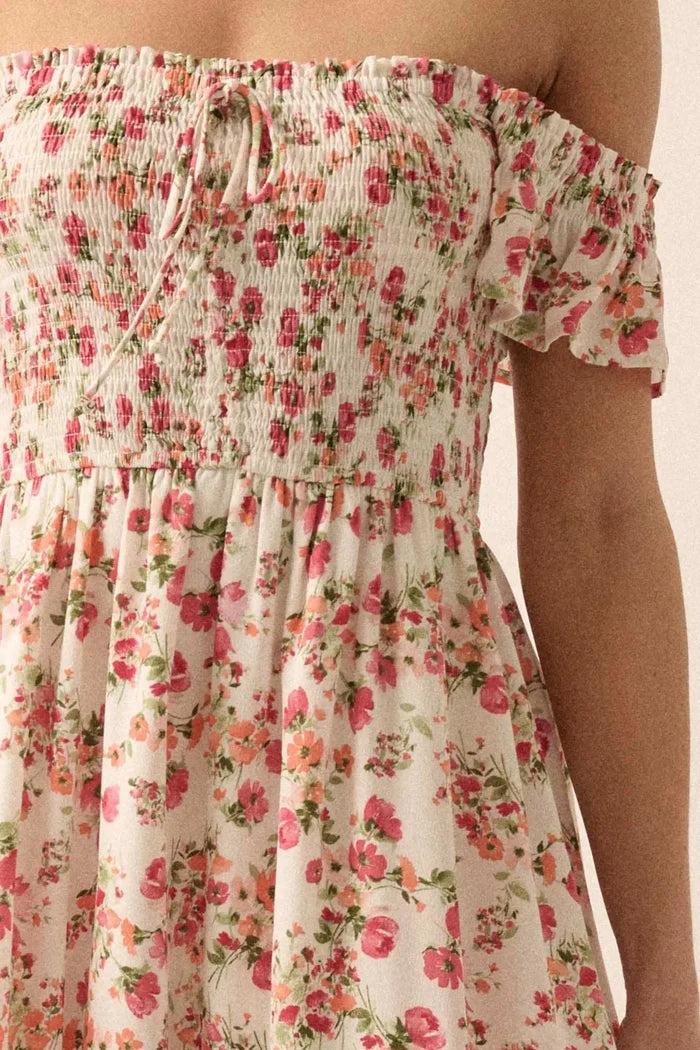Budding Joy Smocked Floral Off-Shoulder Maxi Dress - ShopPromesa