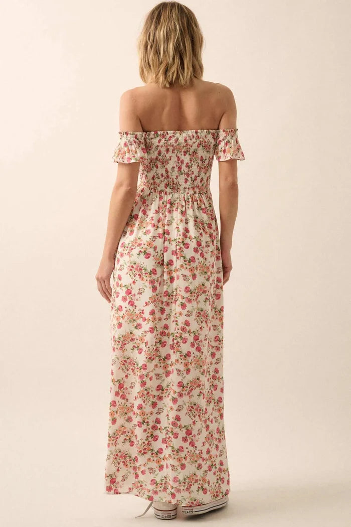 Budding Joy Smocked Floral Off-Shoulder Maxi Dress - ShopPromesa