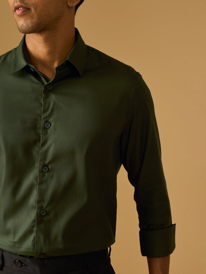Calanthe -  Giza Cotton Slim Fit Shirt  - Army Green