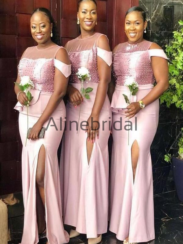 Charming Beadings Illusion Neck Mermaid  Long Bridesmaid Dress with Slit, AB4239