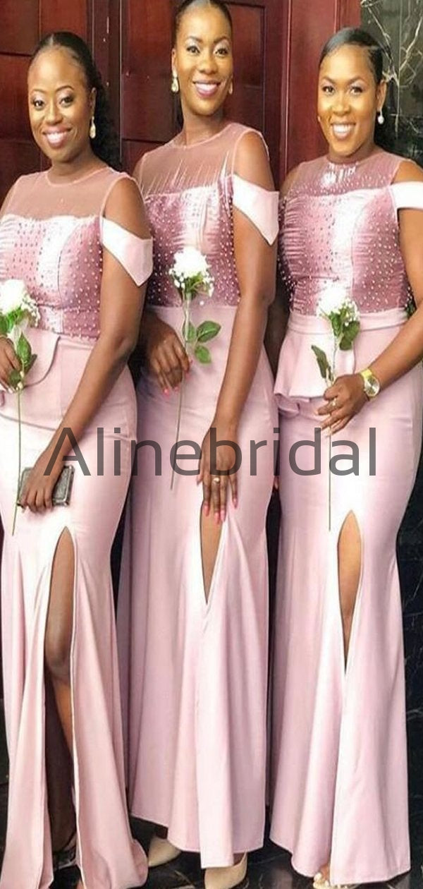 Charming Beadings Illusion Neck Mermaid  Long Bridesmaid Dress with Slit, AB4239
