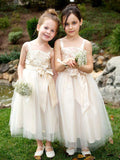 Charming Champagne Floral Lace A-line Flower Girl Dress with Bow Sash , FGS109