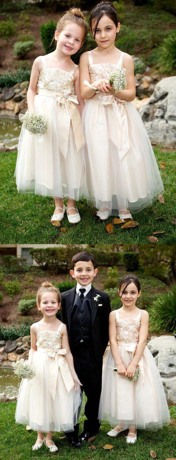 Charming Champagne Floral Lace A-line Flower Girl Dress with Bow Sash , FGS109