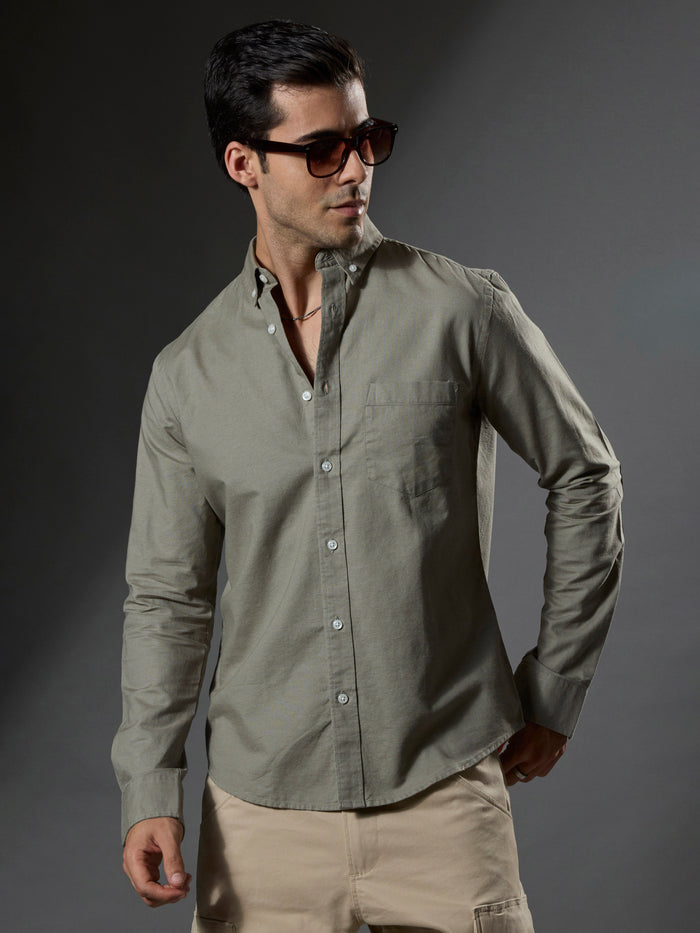 men's cement green Turkish fit cotton shirt with breast pockets and elbow patches
men's shirt latest collection