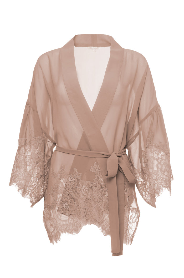 The Coco Silk Lace Kimono in rose taupe.