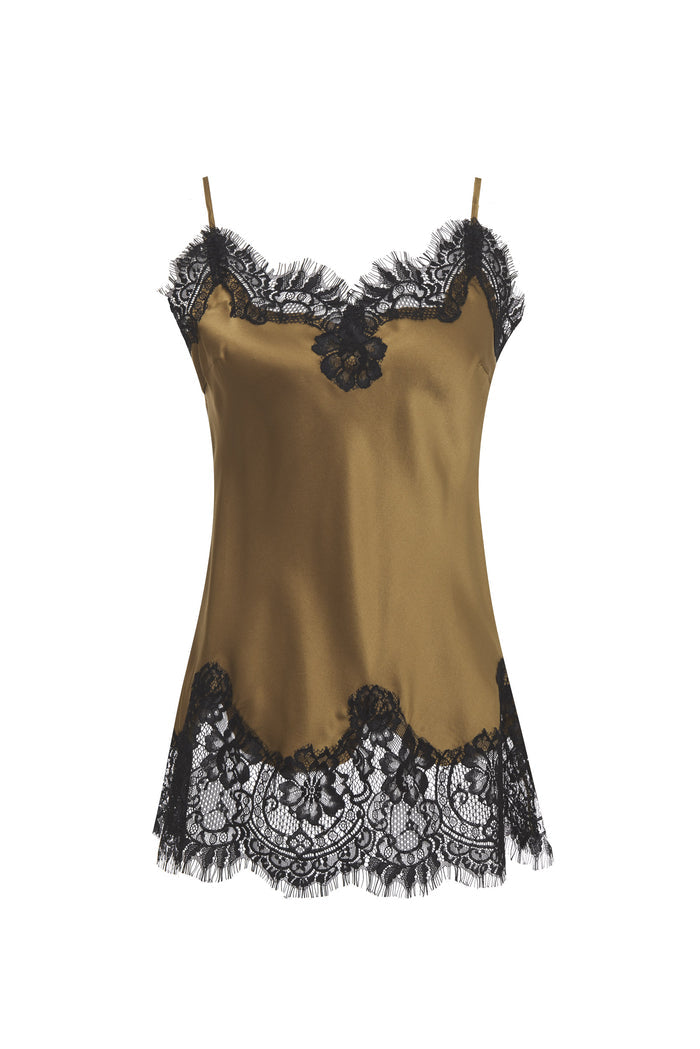 Contrast Coco Lace Silk Cami - Burnt Olive