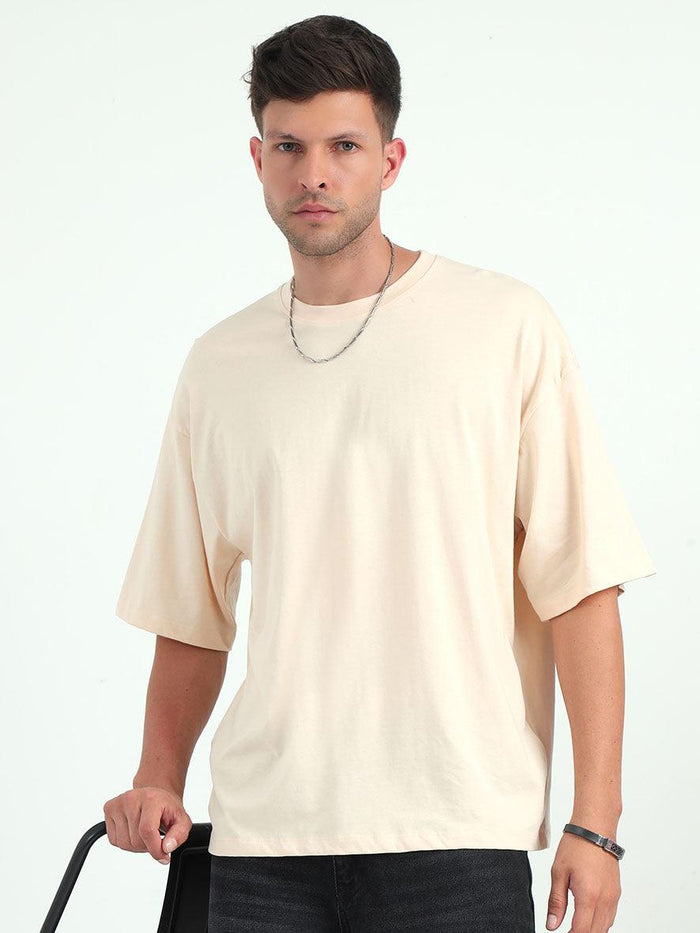 Cream Baggy Fit Round Neck T-Shirt - Espanshe