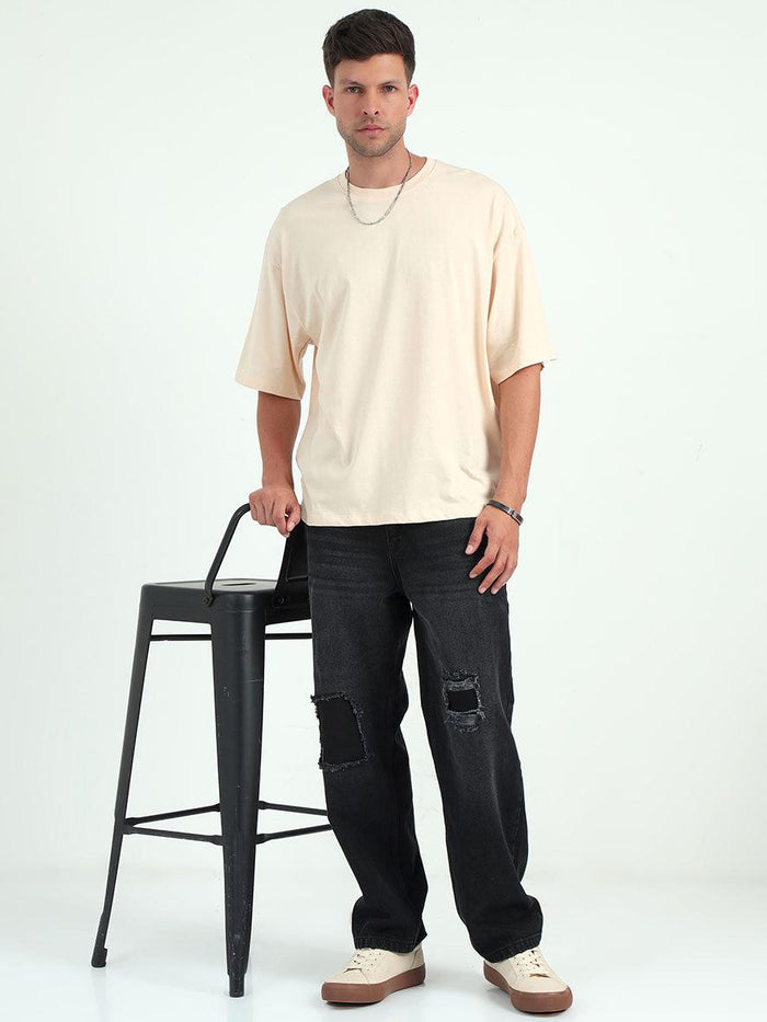 Cream Baggy Fit Round Neck T-Shirt - Espanshe