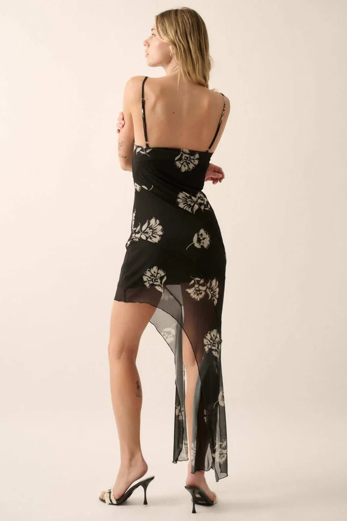 Deco Diva Floral Mesh Asymmetrical Mini Dress - ShopPromesa