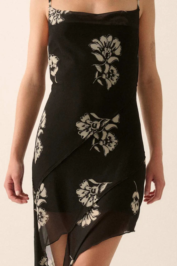 Deco Diva Floral Mesh Asymmetrical Mini Dress - ShopPromesa