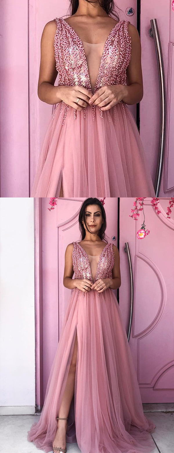 Dusty Rose Beading Tulle Sleeveless A-line Prom Dresses,PD00187