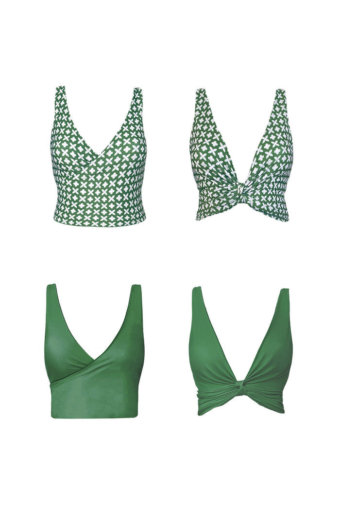 A product imaging showing each side of the reversible Eden bikini top. One said shows the white, mosaic tile print while the other features a solid juniper green colour.
