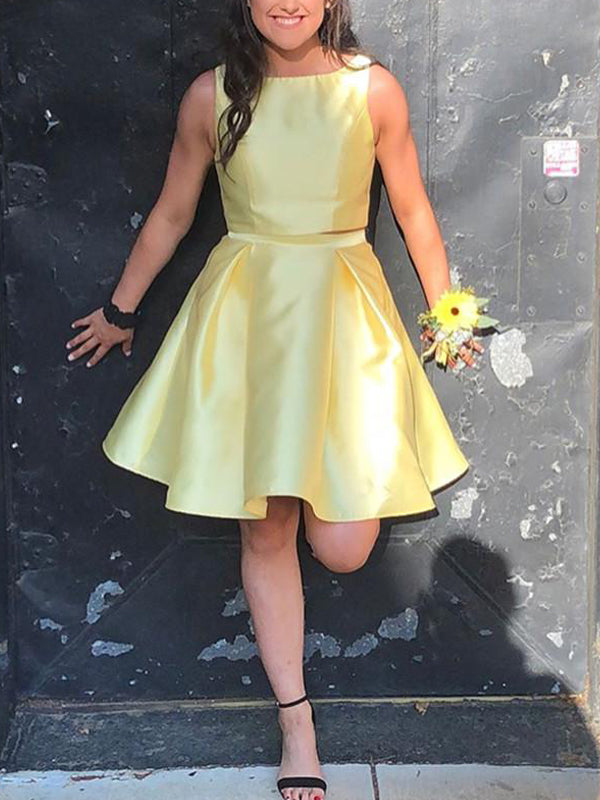 Elegant Bateau Two Piece Yellow Charming Homecoming Dresses, HD0042