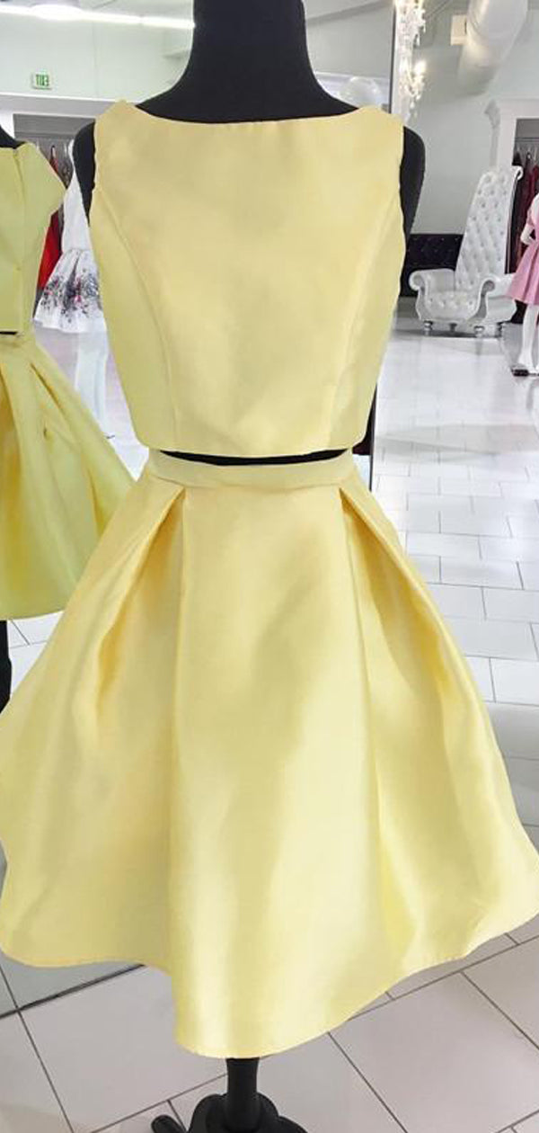 Elegant Bateau Two Piece Yellow Charming Homecoming Dresses, HD0042