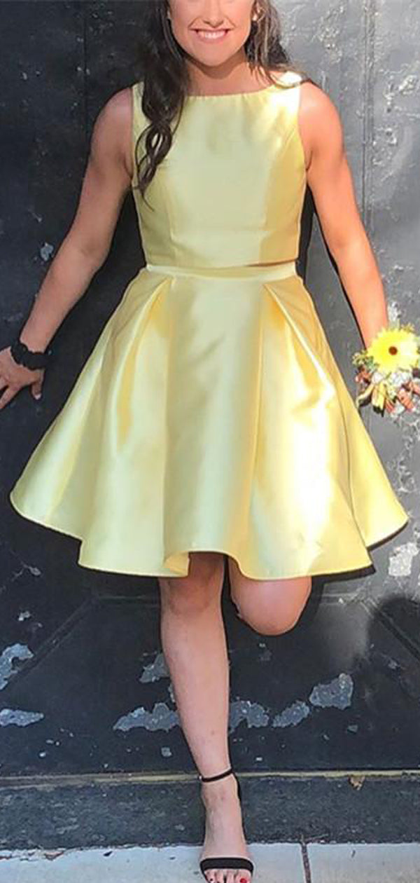 Elegant Bateau Two Piece Yellow Charming Homecoming Dresses, HD0042